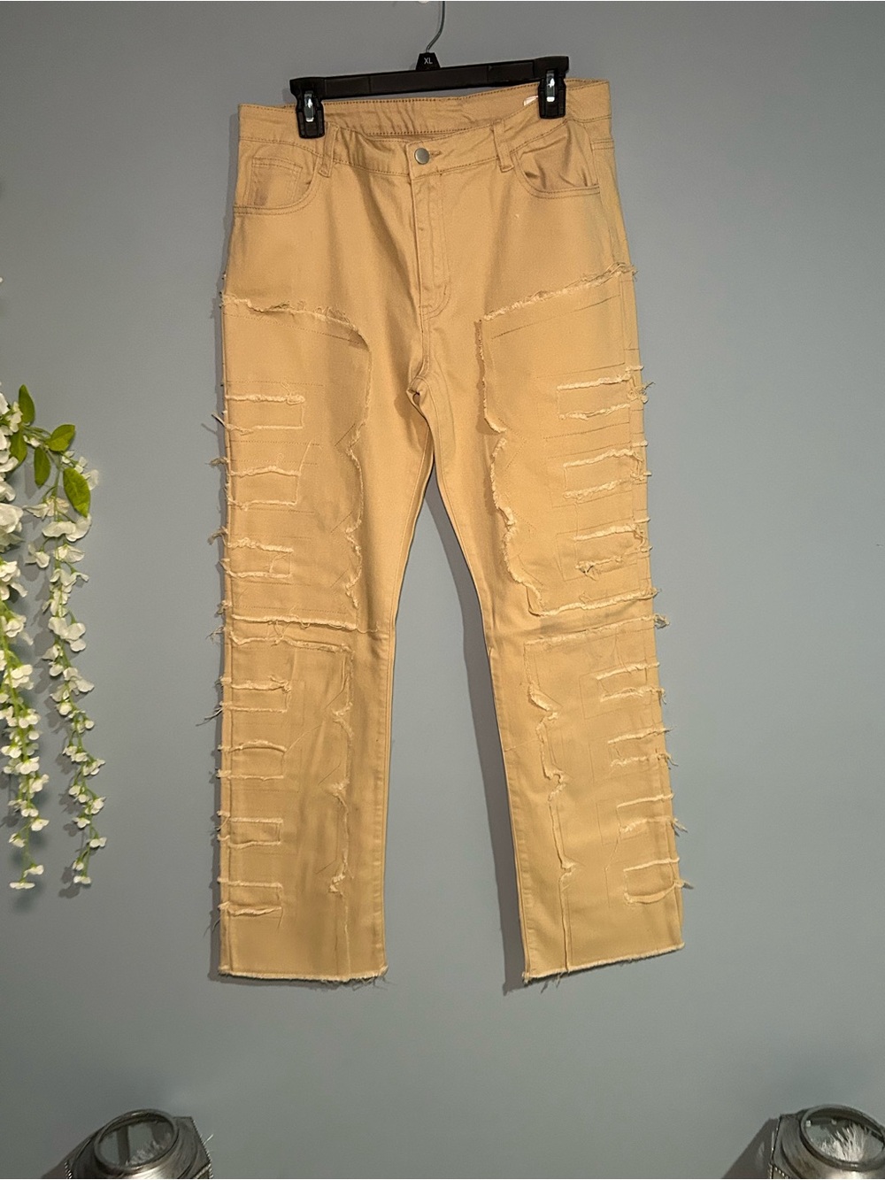 Men's Distressed Tan Chinos - Slim Straight Fit